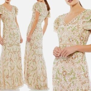 Mac Duggal EMBELLISHED RUFFLED CAP SLEEVE V NECK GOWN size 14 NEW $698